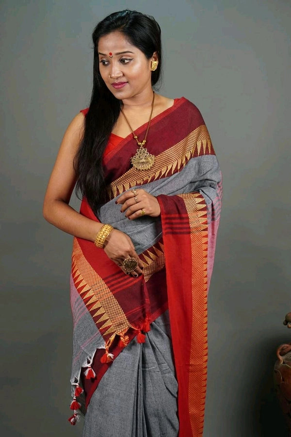 Woven Temple Border Khadi Cotton Saree  - Gray