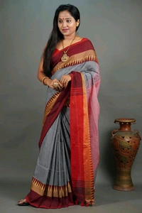 Woven Temple Border Khadi Cotton Saree  - Gray