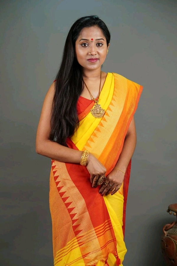 Woven Temple Border Khadi Cotton Saree  - Yellow