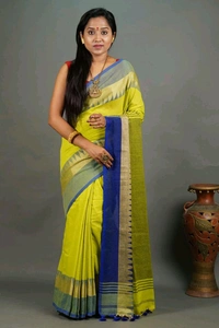 Woven Temple Border Khadi Cotton Saree  - Lemon Yellow