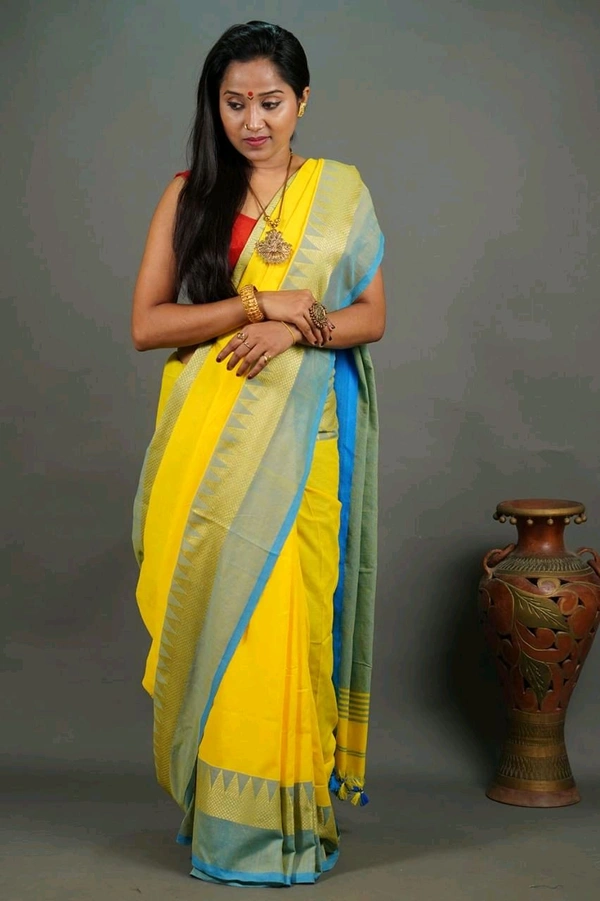 Woven Temple Border Khadi Cotton Saree  - Yellow