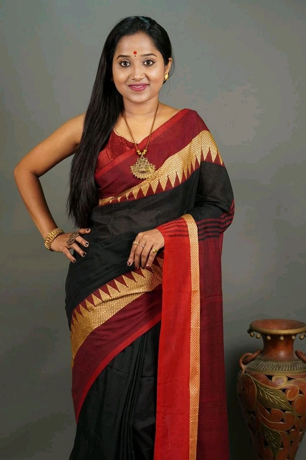 Woven Temple Border Khadi Cotton Saree  - Black