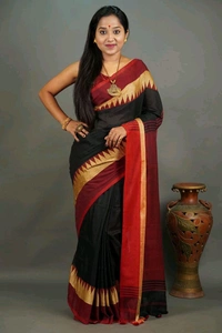 Woven Temple Border Khadi Cotton Saree  - Black