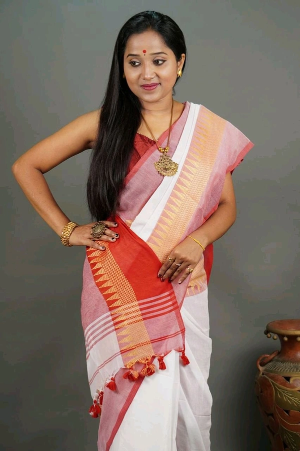 Woven Temple Border Khadi Cotton Saree  - White