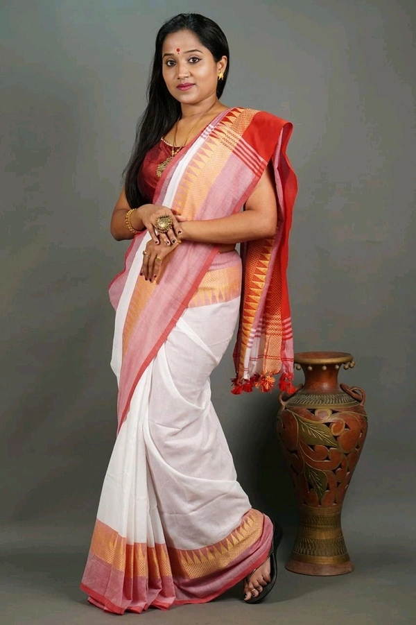 Woven Temple Border Khadi Cotton Saree  - White