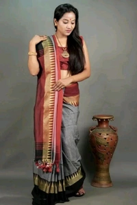 Woven Temple Border Khadi Cotton Saree  - Gray