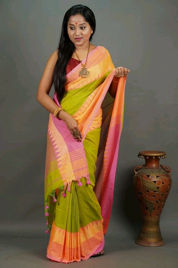 Woven Temple Border Khadi Cotton Saree  - Lime