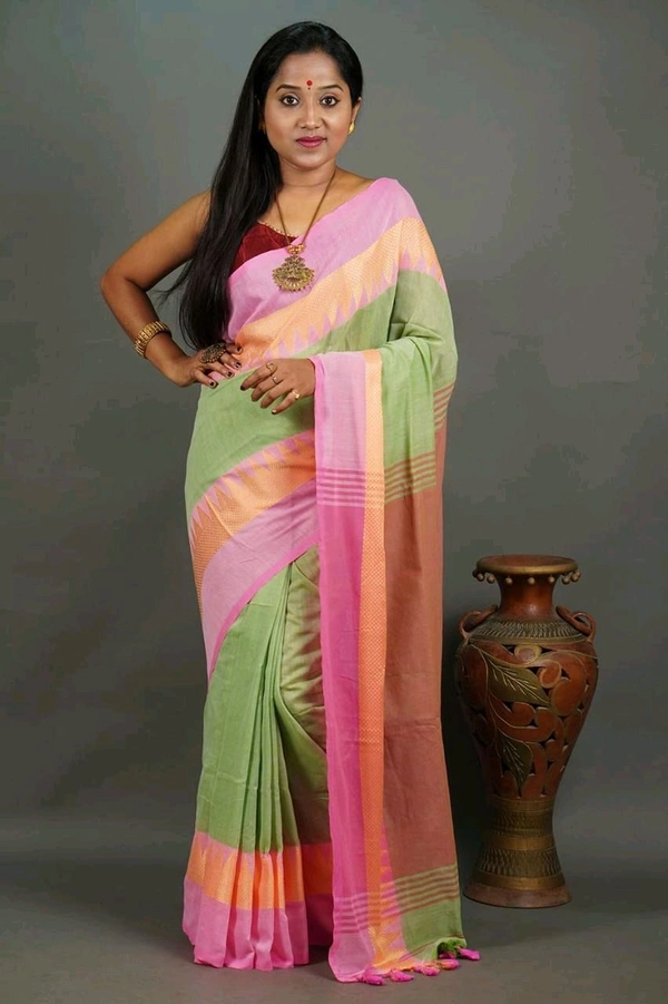 Woven Temple Border Khadi Cotton Saree  - Mint Green