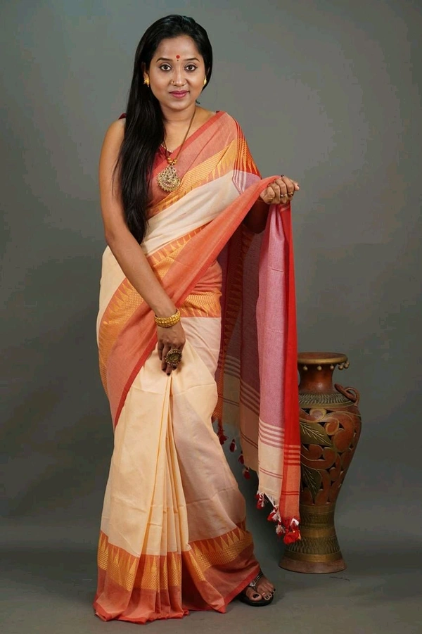 Woven Temple Border Khadi Cotton Saree  - Buttermilk