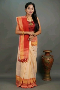 Woven Temple Border Khadi Cotton Saree  - Buttermilk