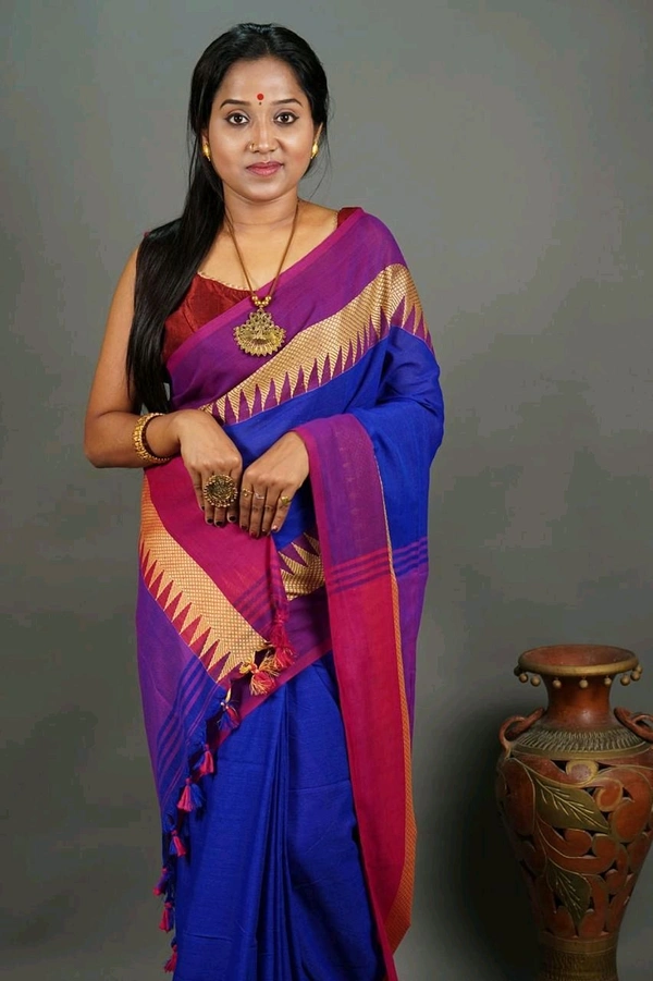 Woven Temple Border Khadi Cotton Saree  - Blue