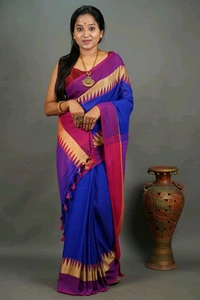 Woven Temple Border Khadi Cotton Saree  - Blue