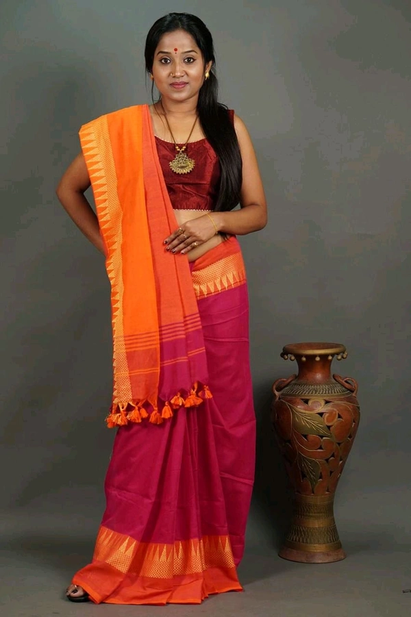 Woven Temple Border Khadi Cotton Saree  - Maroon
