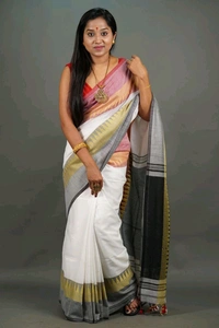 Woven Temple Border Khadi Cotton Saree  - White