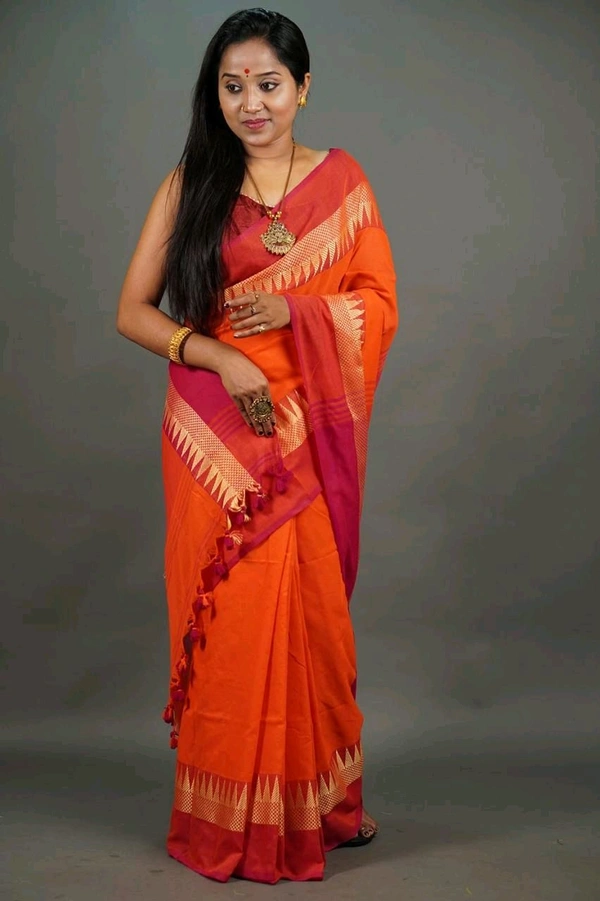 Woven Temple Border Khadi Cotton Saree  - Orange
