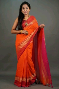Woven Temple Border Khadi Cotton Saree  - Orange