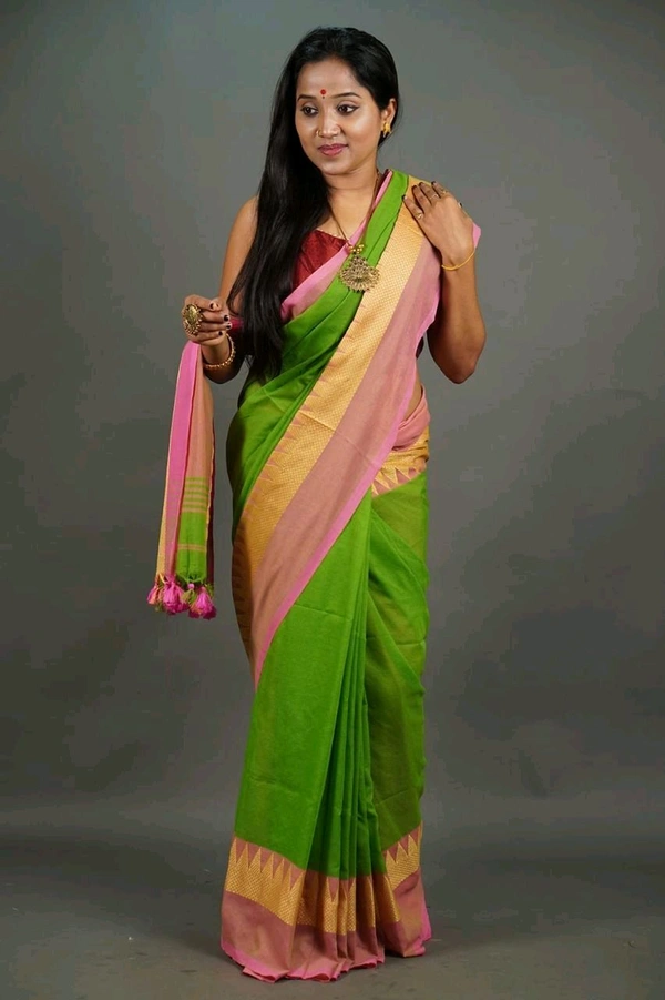 Woven Temple Border Khadi Cotton Saree  - Green