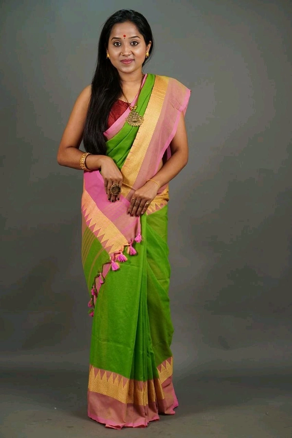 Woven Temple Border Khadi Cotton Saree  - Green