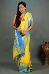Woven Temple Border Khadi Cotton Saree  - Yellow