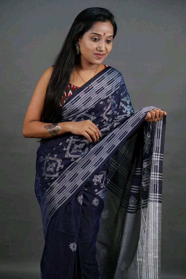 Handloom Woven Desinger Cotton Saree  - Navy Blue