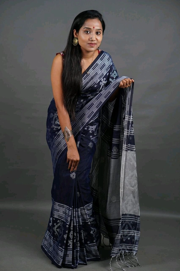Handloom Woven Desinger Cotton Saree  - Navy Blue
