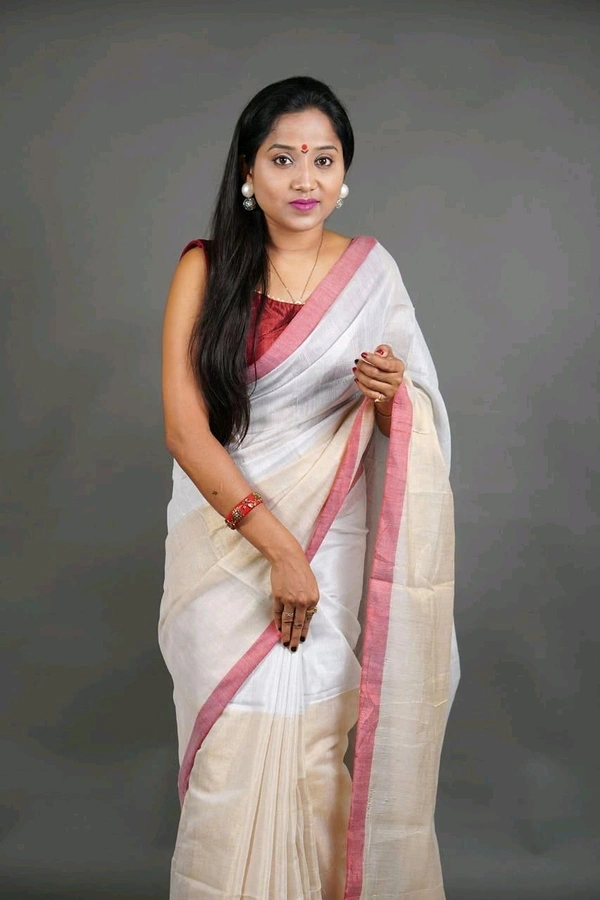 Red Border Ganga Jamuna Cotton Saree  - White