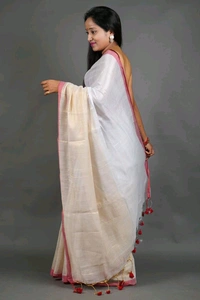 Red Border Ganga Jamuna Cotton Saree  - White
