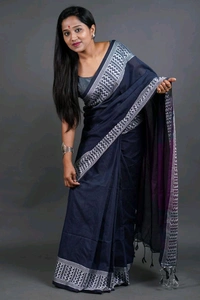 Woven Border Khadi Cotton Saree - Navy Blue