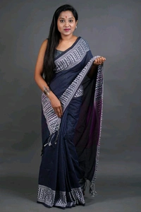 Woven Border Khadi Cotton Saree - Navy Blue