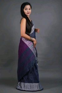 Woven Border Khadi Cotton Saree - Navy Blue