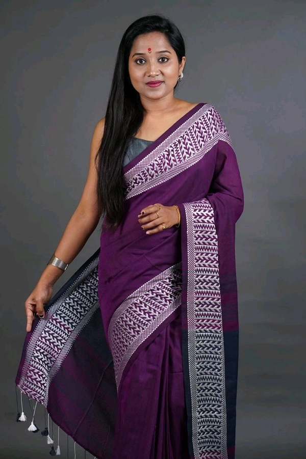 Woven Border Khadi Cotton Saree - Violet