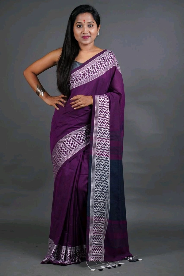 Woven Border Khadi Cotton Saree - Violet