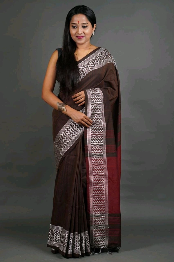 Woven Border Khadi Cotton Saree - Brown