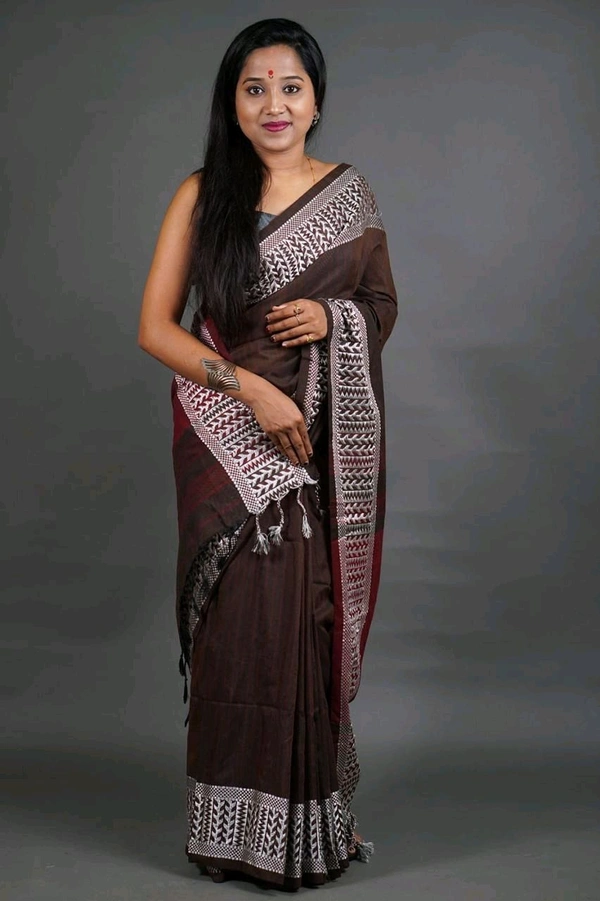 Woven Border Khadi Cotton Saree - Brown