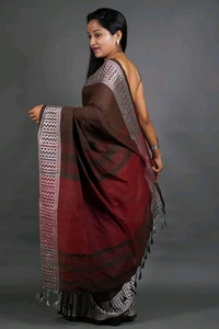Woven Border Khadi Cotton Saree - Brown