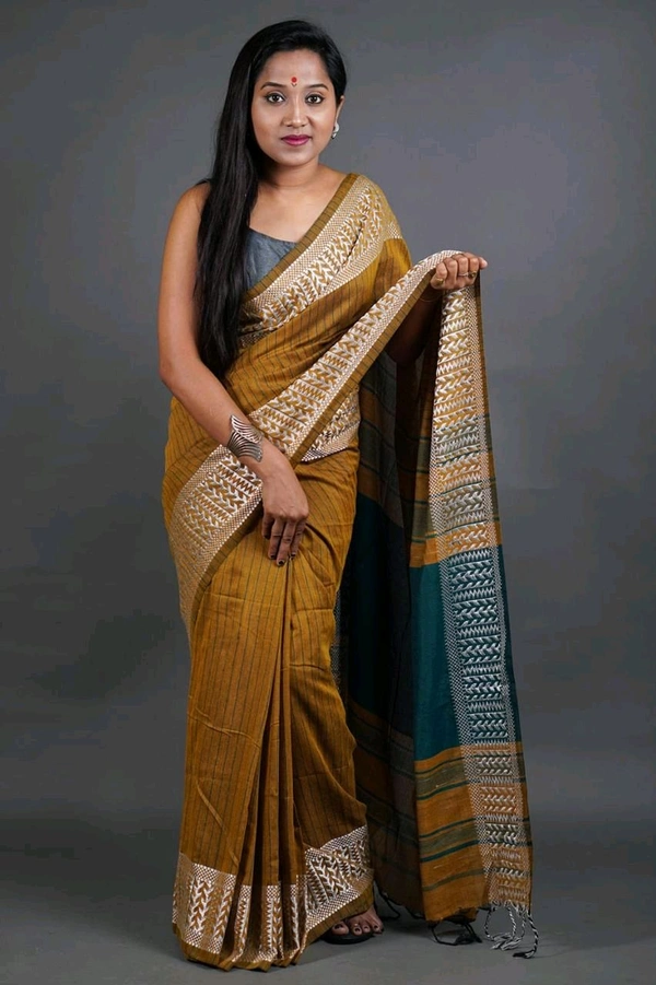 Woven Border Khadi Cotton Saree - Golden
