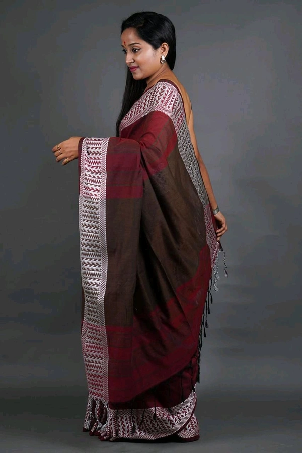 Woven Border Khadi Cotton Saree - Maroon