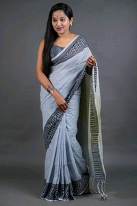 Woven Border Khadi Cotton Saree - Silver