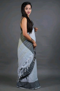 Woven Border Khadi Cotton Saree - Silver