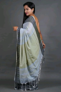 Woven Border Khadi Cotton Saree - Silver