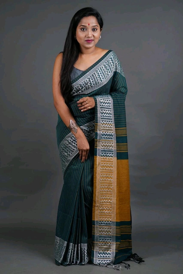 Woven Border Khadi Cotton Saree - Pine Green