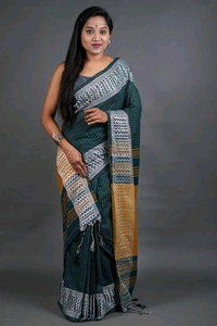 Woven Border Khadi Cotton Saree - Pine Green