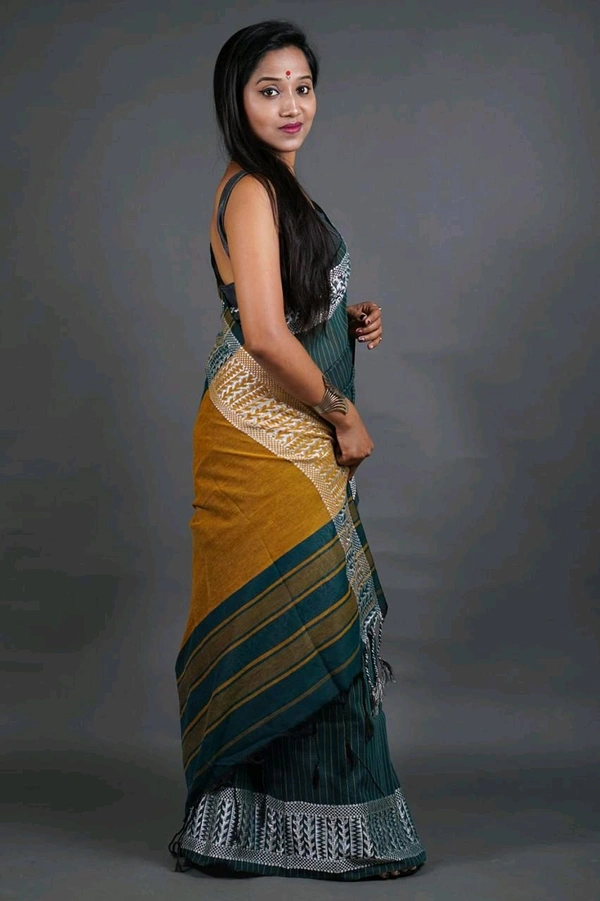 Woven Border Khadi Cotton Saree - Pine Green