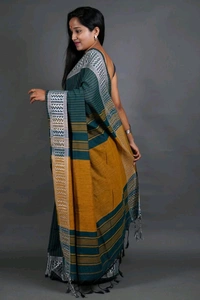Woven Border Khadi Cotton Saree - Pine Green