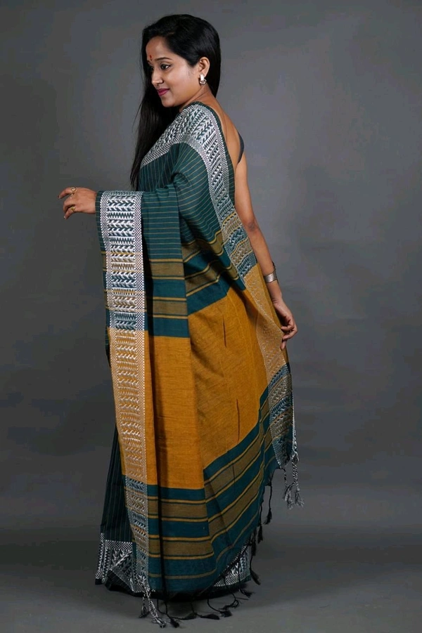 Woven Border Khadi Cotton Saree - Pine Green