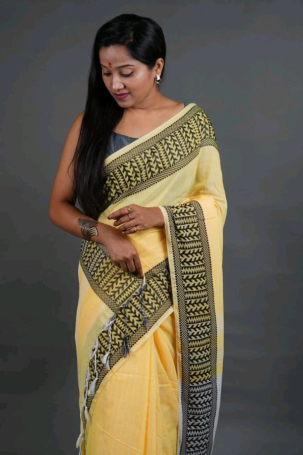 Woven Border Khadi Cotton Saree - Bright Sun