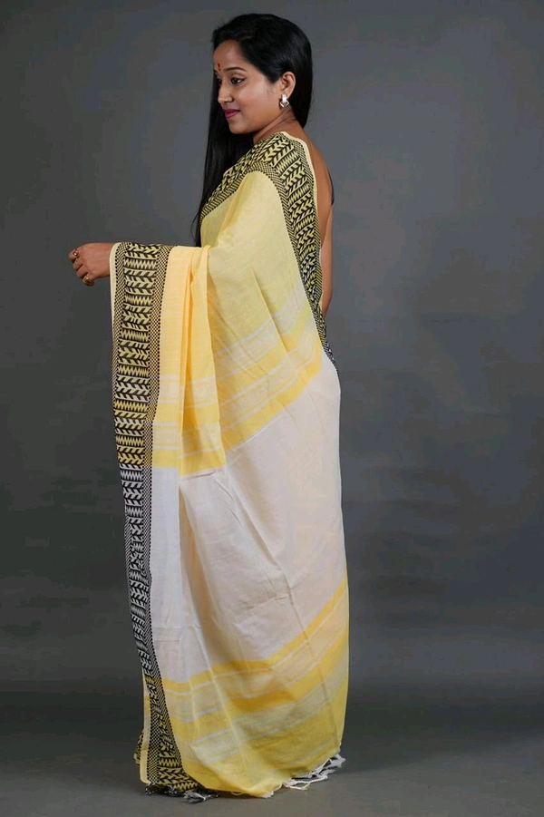 Woven Border Khadi Cotton Saree - Bright Sun