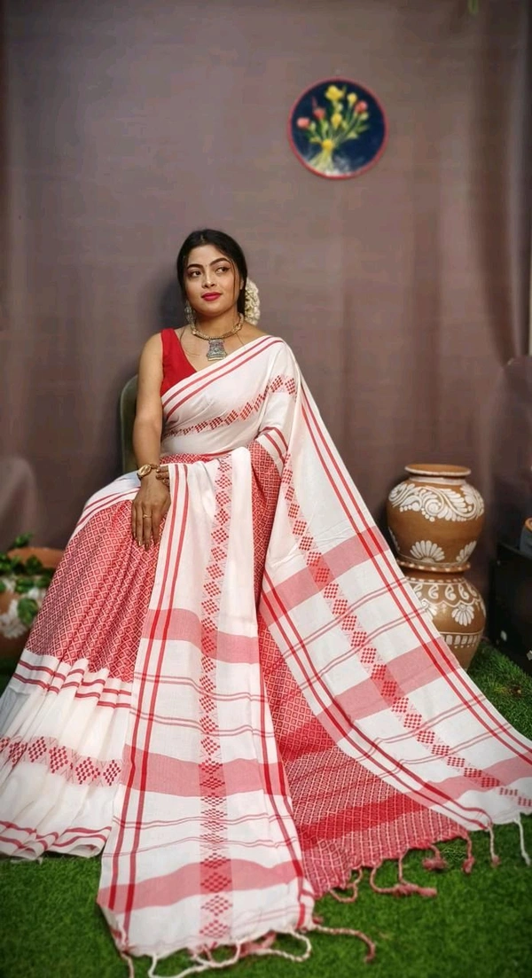 Woven Body Khadi Cotton Saree - Red & White