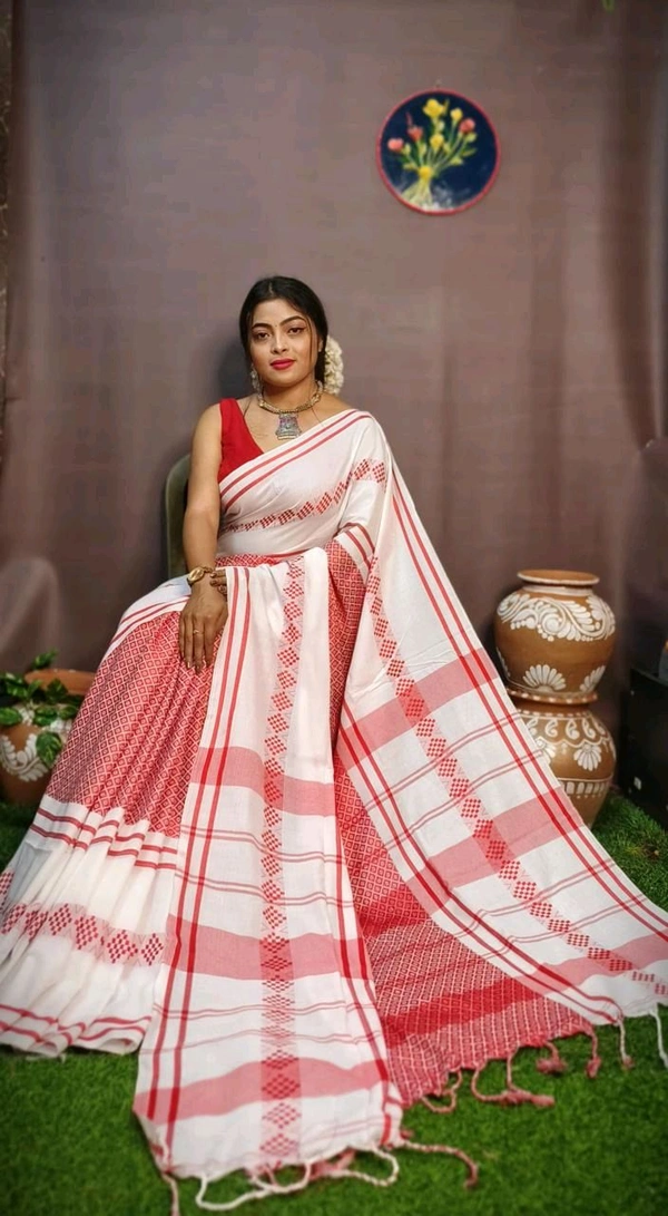 Woven Body Khadi Cotton Saree - Red & White