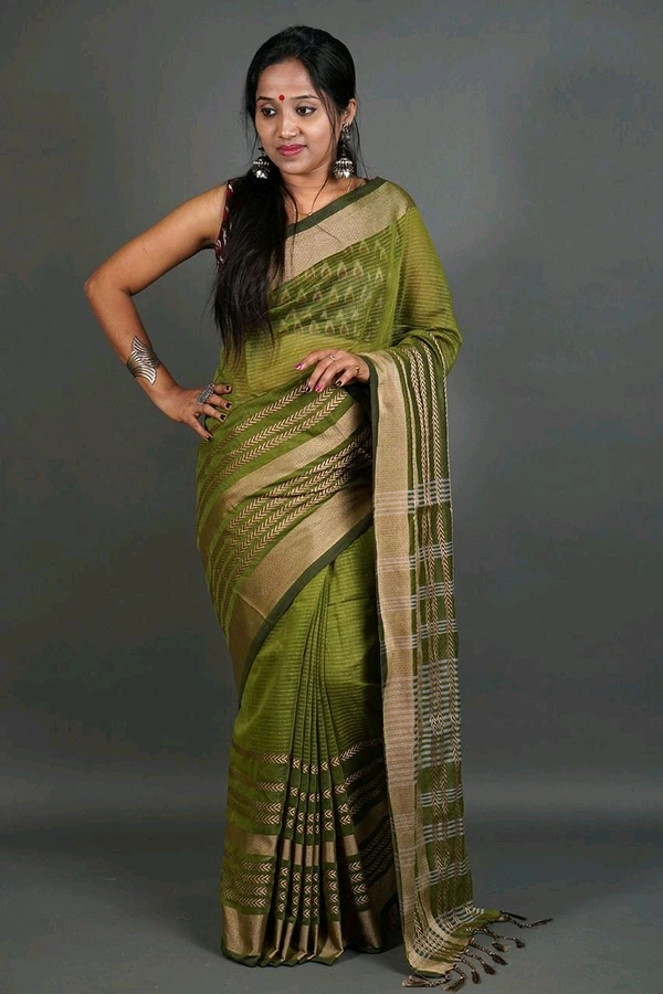 Zori Woven Slab Cotton Saree  - Olive